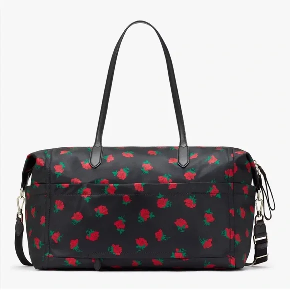 ♠️kate spade Chelsea Red Rose Toss Floral Printed Nylon Weekender, Black NWT